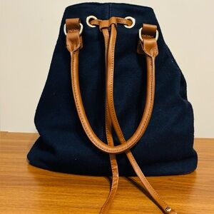 Talbots Wool Navy Handbag Brown Leather Trim/Strap, Bucket Bag Women’s Purse